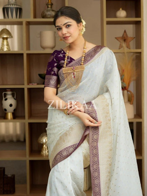 ekadanta Woven, Self Design Banarasi Silk Blend Saree(White)