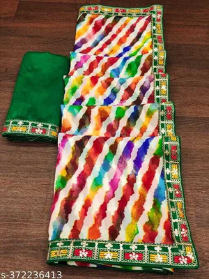 Pemal Designer Printed Leheria Georgette Saree(Multicolor)