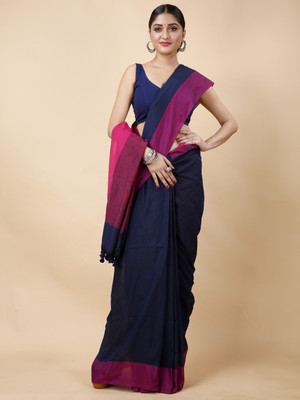 DipDiya Color Block Handloom Pure Cotton Saree(Dark Blue)