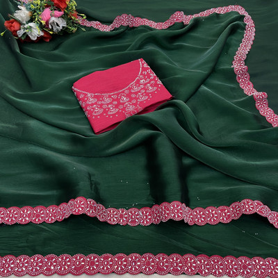 HouseOfCommon Embellished Bollywood Silk Blend Saree(Green)