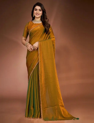 Online Bazaaar Embellished, Solid/Plain Bollywood Chiffon, Pure Silk Saree(Gold)