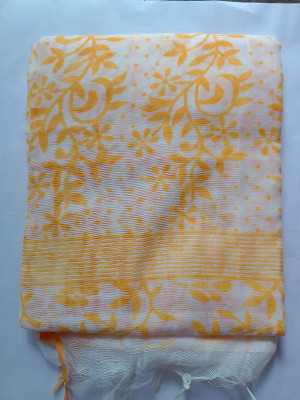 SHREE GANESH COLLECTION Printed, Solid/Plain Handloom Cotton Silk Saree(Yellow, White)
