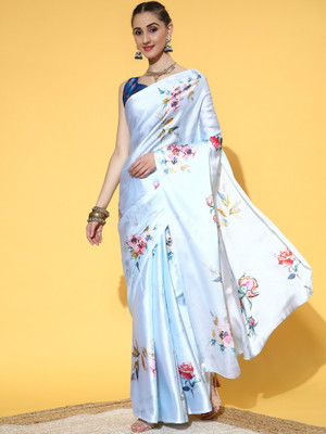 SareeFactory Animal Print, Digital Print, Floral Print, Graphic Print, Printed Bollywood Crepe, Satin Saree(Blue)