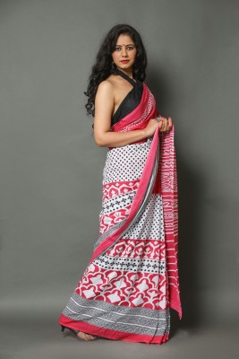 NIKHILAM Printed Daily Wear Pure Cotton Saree(Pink, White)