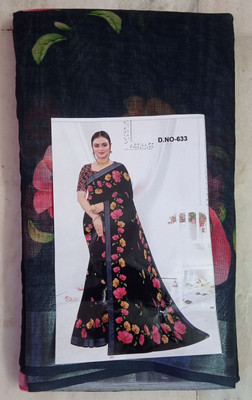 RRShop Floral Print Bollywood Cotton Silk Saree(Multicolor, Black)