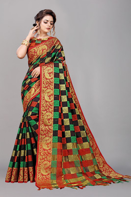 Rashiklal & Co. Woven, Color Block Kanjivaram Cotton Silk Saree(Black)