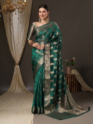 Aformi Solid/Plain, Temple Border, Woven Banarasi Organza Saree(Dark Green)