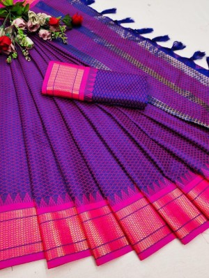 Hensi sarees shop Printed, Color Block, Temple Border, Ombre, Striped, Woven, Polka Print, Solid/Plain, Checkered Paithani Muslin, Cotton Silk Saree(Dark Blue, Pink)