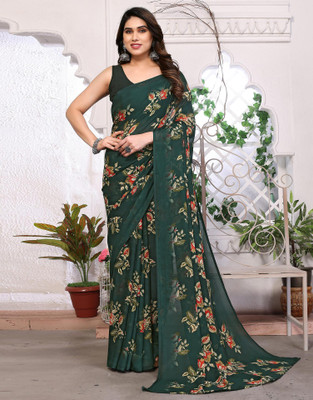 Anmi Floral Print, Printed Daily Wear Chiffon, Georgette Saree(Green, Multicolor)
