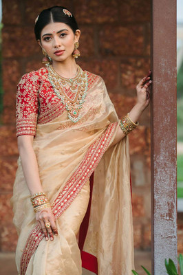 shreenathji creations Embroidered Bollywood Jimmy choo Saree(Gold)