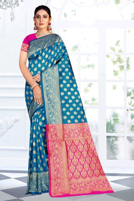 Radharani fusion Digital Print, Self Design Paithani Cotton Silk Saree(Blue, Pink)