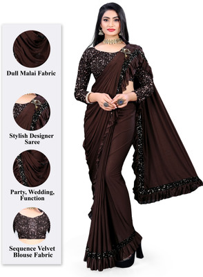 Vijatree Solid/Plain Bollywood Lycra Blend Saree(Brown)