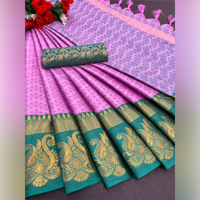VRINDITA FASHION Self Design, Ombre, Temple Border, Woven, Dyed, Solid/Plain Bollywood Cotton Silk Saree(Blue)