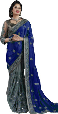 M.S.RETAIL Embroidered, Embellished Bollywood Net Saree(Blue, Grey)