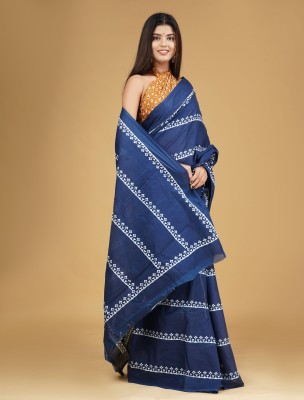 Suraj International Printed Daily Wear Pure Cotton Saree(Dark Blue, White)