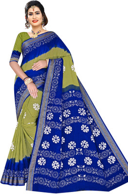 Vastram Creation Blocked Printed Hand Batik Pure Cotton Saree(Light Green, Blue)