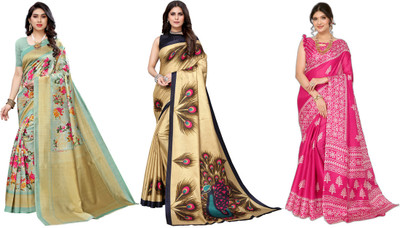 YASHIKA Printed, Woven Kalamkari Art Silk Saree(Pack of 3, Light Green, Gold, Pink)