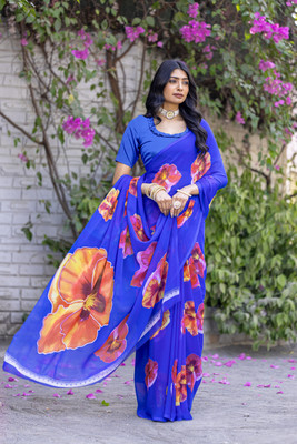 VIBHAGYAA Printed Daily Wear Chiffon Saree(Blue)
