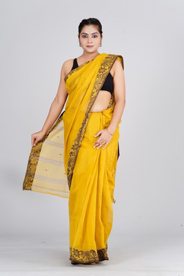 maa textile Self Design Tant Pure Cotton Saree(Yellow)