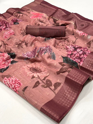 Ratnavati Printed Banarasi Linen Saree(Brown)