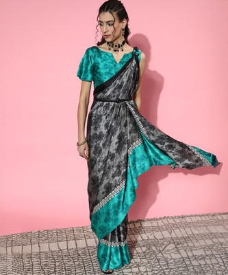 Divastri Floral Print Bollywood Crepe Saree(Grey)
