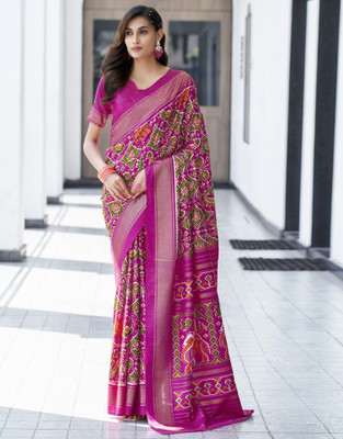 Satrani Geometric Print, Printed Patola Art Silk, Silk Blend Saree(Magenta, Green, Multicolor)