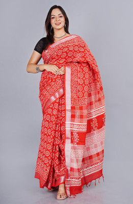 MOLLAR Hand Painted Handloom Cotton Linen Saree(Red)