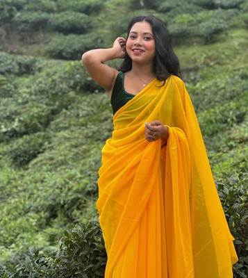 Anand Sarees Solid/Plain Bollywood Georgette Saree(Yellow)