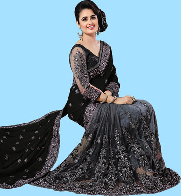 vaidehicreation Embroidered, Embellished Bollywood Net, Art Silk Saree(Black)