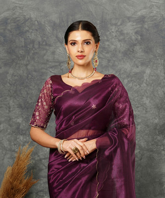 Samah Embroidered, Solid/Plain Bollywood Net Saree(Purple)