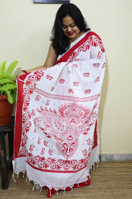 Happy Creation Printed Tant Handloom Cotton Blend Saree(White)