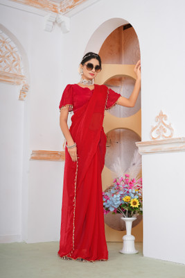 Amavii Embellished, Embroidered, Solid/Plain Bollywood Chiffon, Pure Silk Saree(Red)