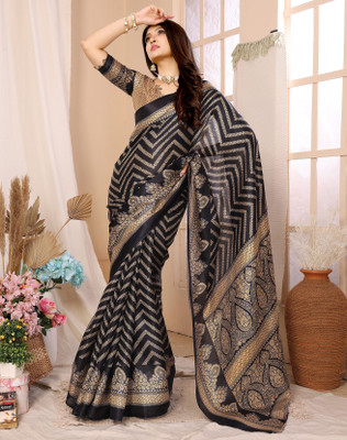 YASHIKA Printed Kalamkari Silk Blend, Art Silk Saree(Black)
