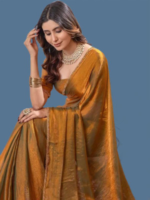 Croza Solid/Plain Bollywood Silk Blend Saree(Gold)