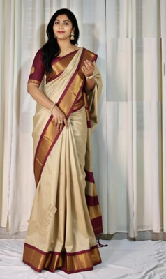 NST5 Woven Maheshwari Cotton Silk Saree(Cream, Brown)