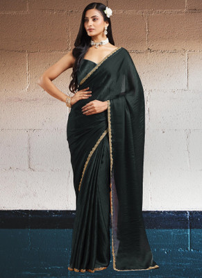 Croza Temple Border Bollywood Dupion Silk Saree(Black)