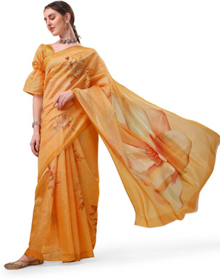 Dori Floral Print Bollywood Organza Saree(Orange)