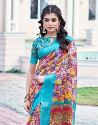 Samah Digital Print, Floral Print Daily Wear Linen Saree(Multicolor)