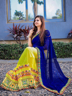 Divastri Embroidered, Self Design Bollywood Georgette, Jacquard Saree(Blue, Yellow)