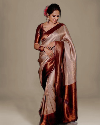 Anjaneya Sarees Self Design Banarasi Silk Blend Saree(Beige, Brown)