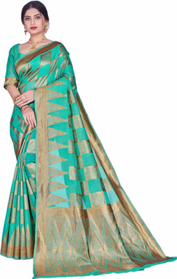 SHRIMAY Color Block, Self Design, Checkered Banarasi Cotton Silk Saree(Light Green)