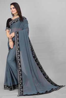 pari creation Solid/Plain Bollywood Georgette, Lace Saree(Grey)
