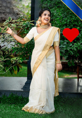 ShriSaree Woven Kasavu Pure Cotton Saree(White)