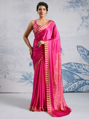 Tasrika Printed Hand Batik Satin Saree(Magenta)