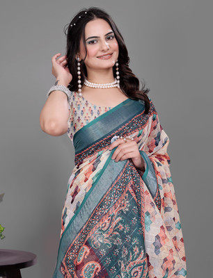 HouseOfCommon Graphic Print Kanjivaram Cotton Linen, Pure Cotton Saree(Multicolor)