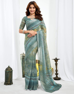 Samah Digital Print, Floral Print, Embellished Bollywood Linen Saree(Multicolor)