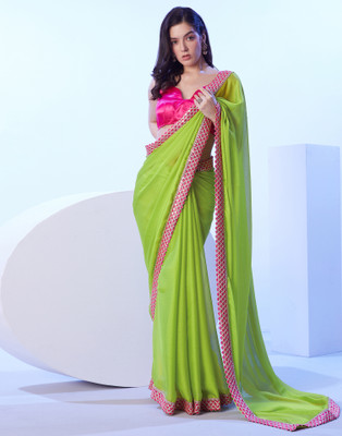 Samah Embellished, Solid/Plain, Self Design Bollywood Chiffon Saree(Green)