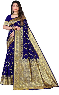 signagraph Woven, Color Block Kanjivaram Pure Silk, Jacquard Saree(Dark Blue)