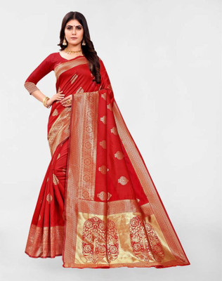 Samah Woven, Embellished Banarasi Silk Blend Saree(Red, Gold)