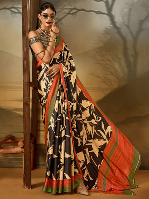 Tasrika Printed Hand Batik Crepe Saree(Black)